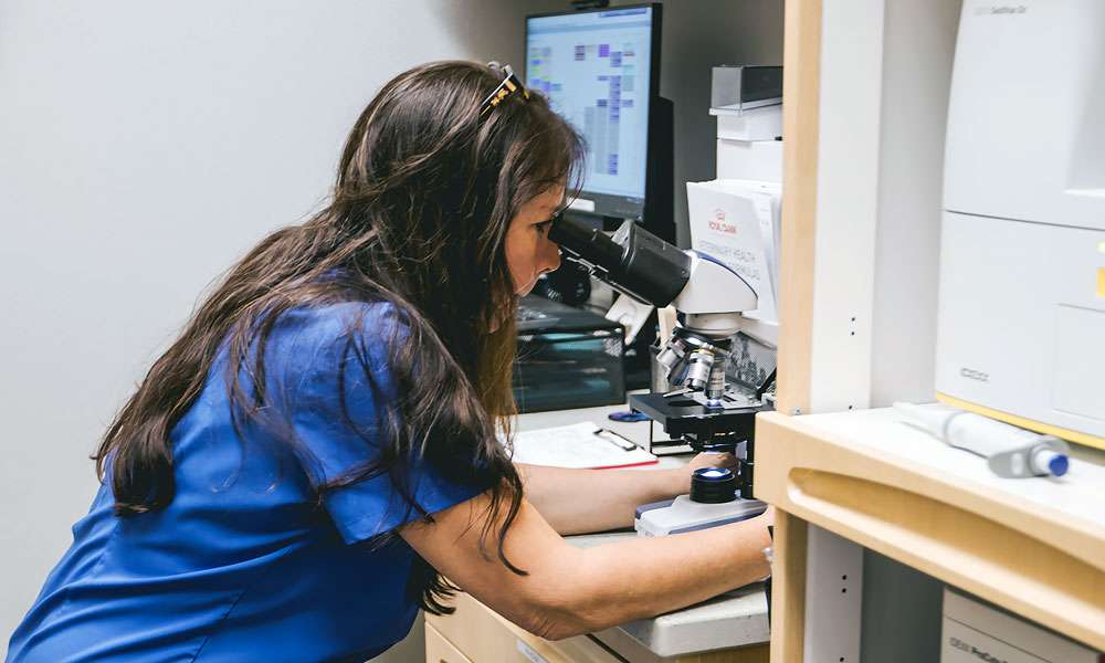 photo of a doctor examining a microscope