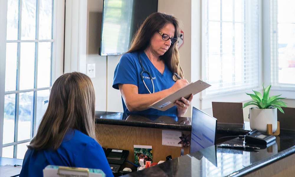 photo of a veterinarian filling out a form in the reception area