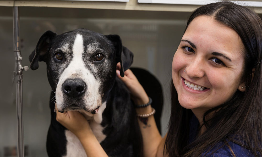 photo of a smiling woman with an older dog