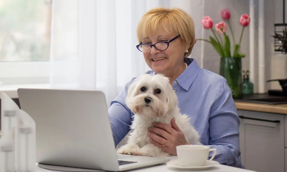 Smiling Woman with a Maltese dog has a video chat