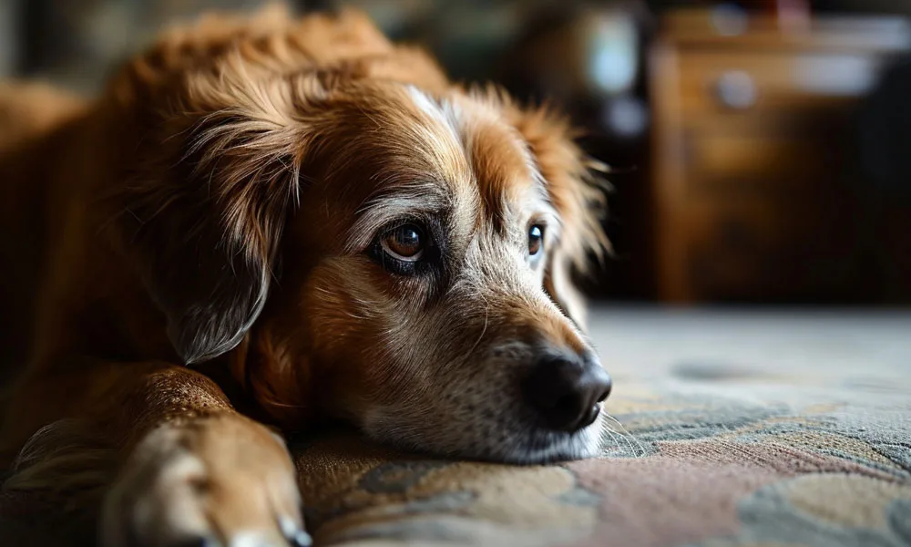 dog laying on a bed