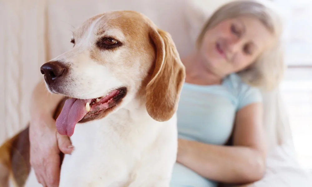 senior woman with her dog inside of her house