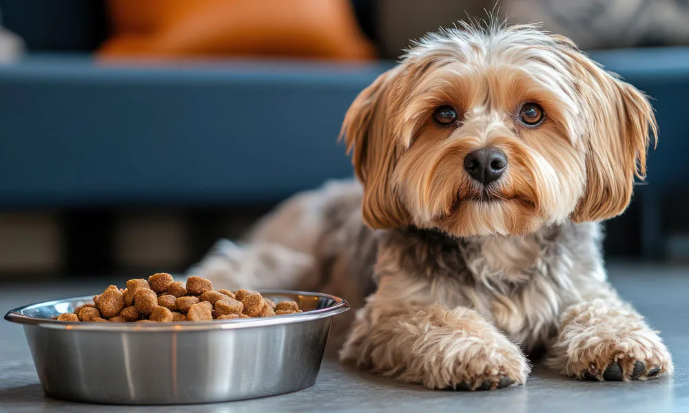 Yorkipoo lies besides bowl filled with dog food