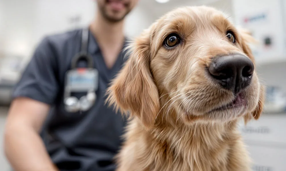 closeup of golden retriever puppy looking at camera, at the vet's office