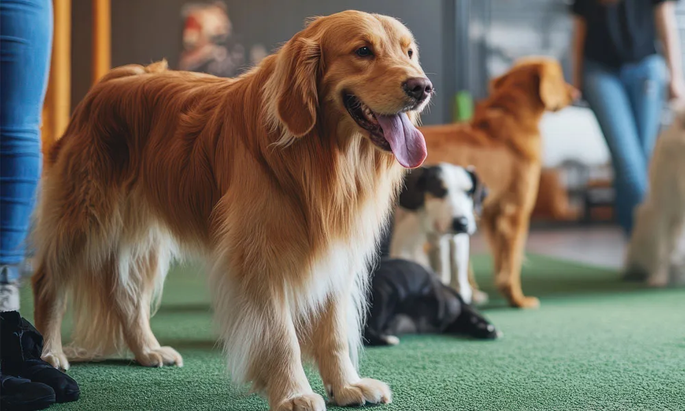 Dog with owner and other dogs