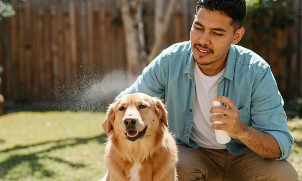Man spraying his golden retriever dog with a flea and tick repellent spray while crouching in the backyard on a sunny day
