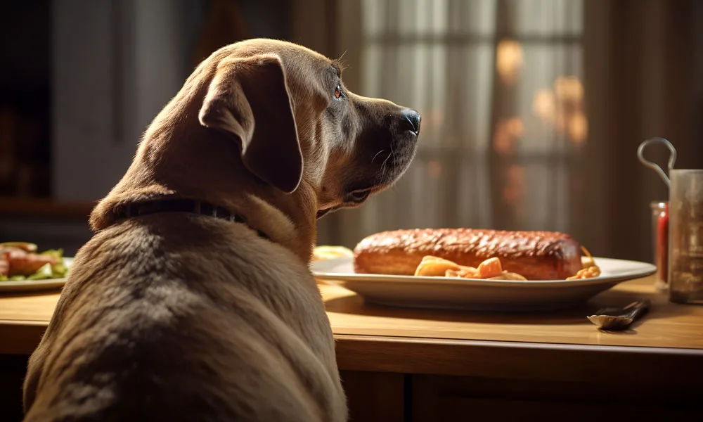 the dog looks at the roast turkey lying on the holiday table