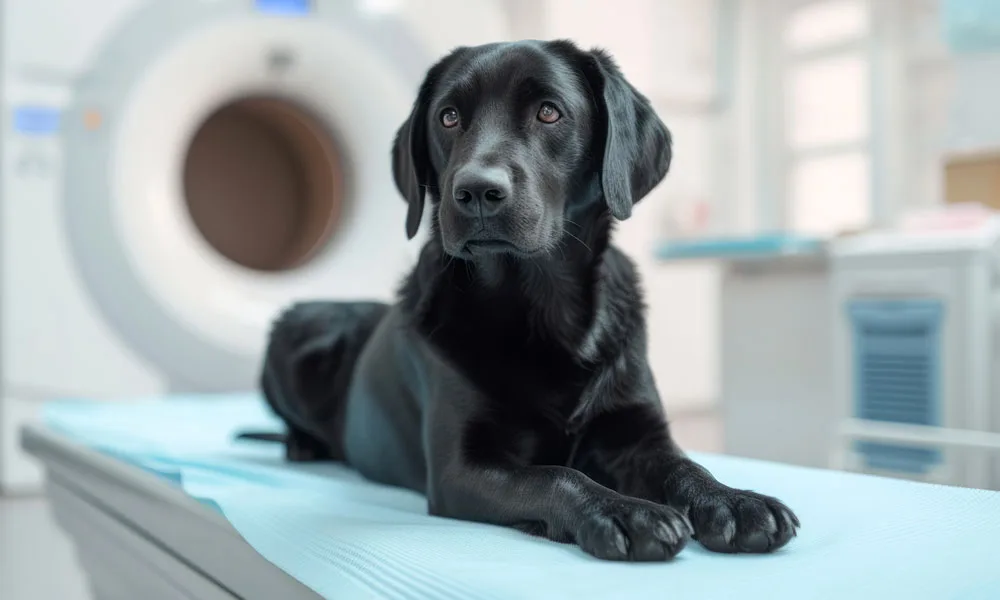 A black dog lying on a bed in a clinic waiting for a CT scan