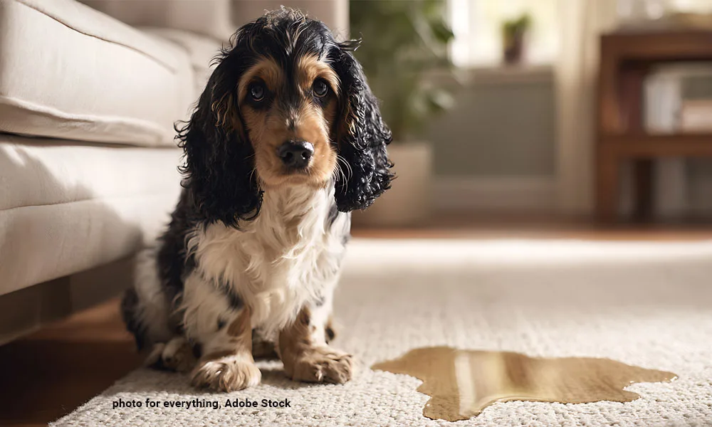 Guilty-looking Cocker Spaniel puppy sits on a light carpet beside a fresh pee stain