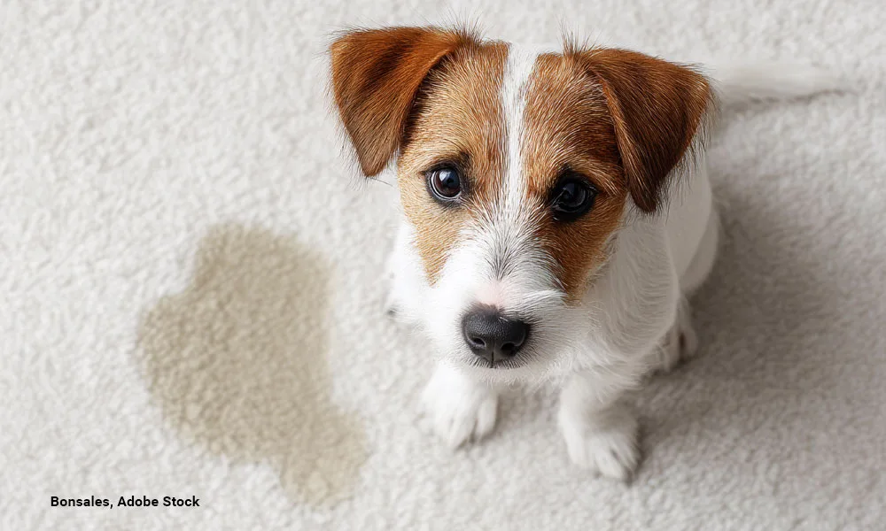 Jack Russell Terrier puppy sitting beside wet carpet stain